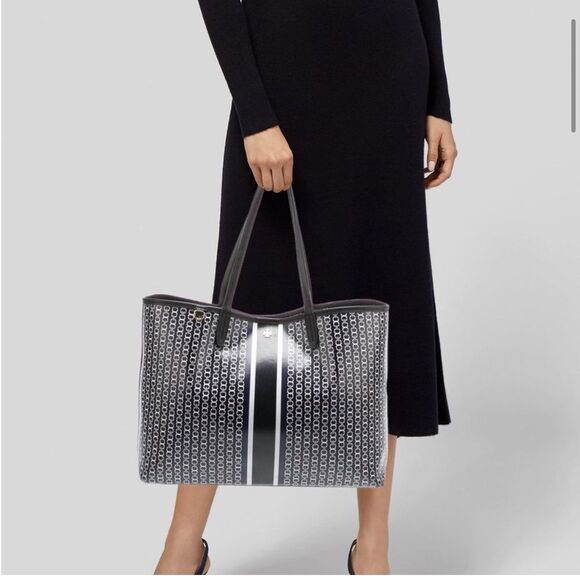 Tory Burch Gemini Link Canvas Tote Navy Black Striped Chain Print Large Bag - Picture 2 of 16